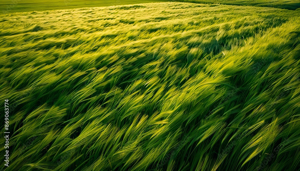 A green field with grass blowing in the wind.