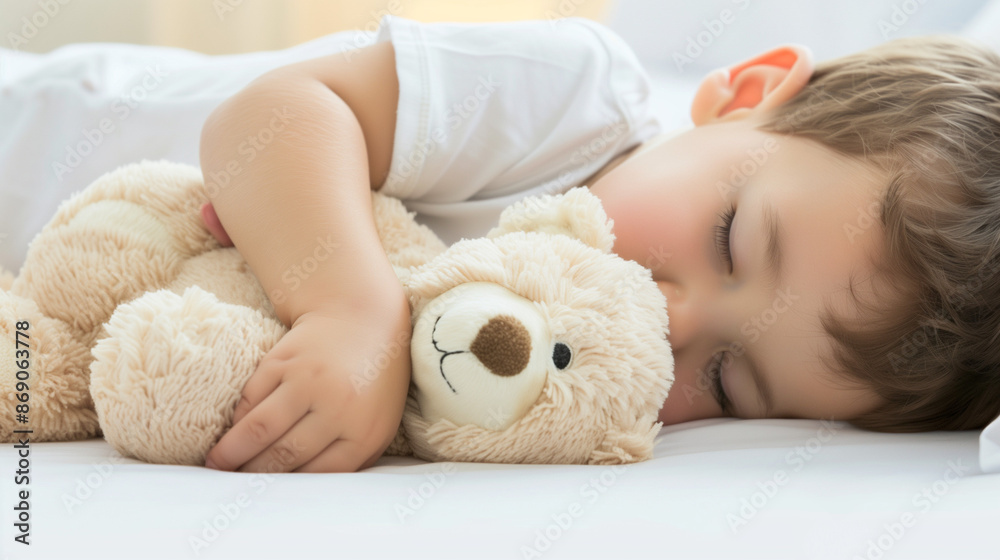 Baby sleeping with teddy bear in cozy crib, soft lighting creating warm atmosphere on white surface. Emphasizes sleep's role in children's health, perfect for baby bedding store promotions or children Baby sleeping with teddy bear in cozy crib, soft lighting creating warm atmosphere on white surface. Emphasizes sleep's role in children's health, perfect for baby bedding store promotions or children