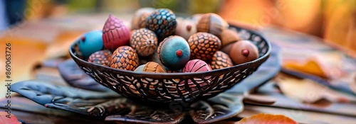 A bowl filled with painted acorns, each one in different colors and sizes.