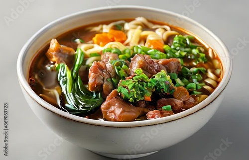 Beef noodles with green bok choy, in white bowl.