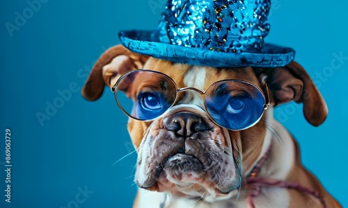 Bulldog wearing a blue sequin hat and glasses. National Hat Day