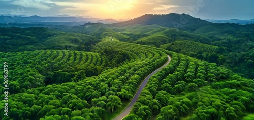 Aerial view of a palm oil plantation with a road in front