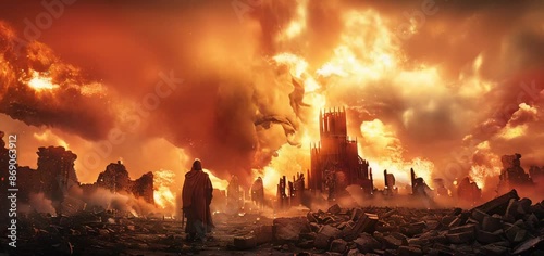 A lone figure stands amidst the rubble of an ancient city, gazing at distant explosions and mushroom clouds rising from far away, symbolizing hope in the face of destruction.