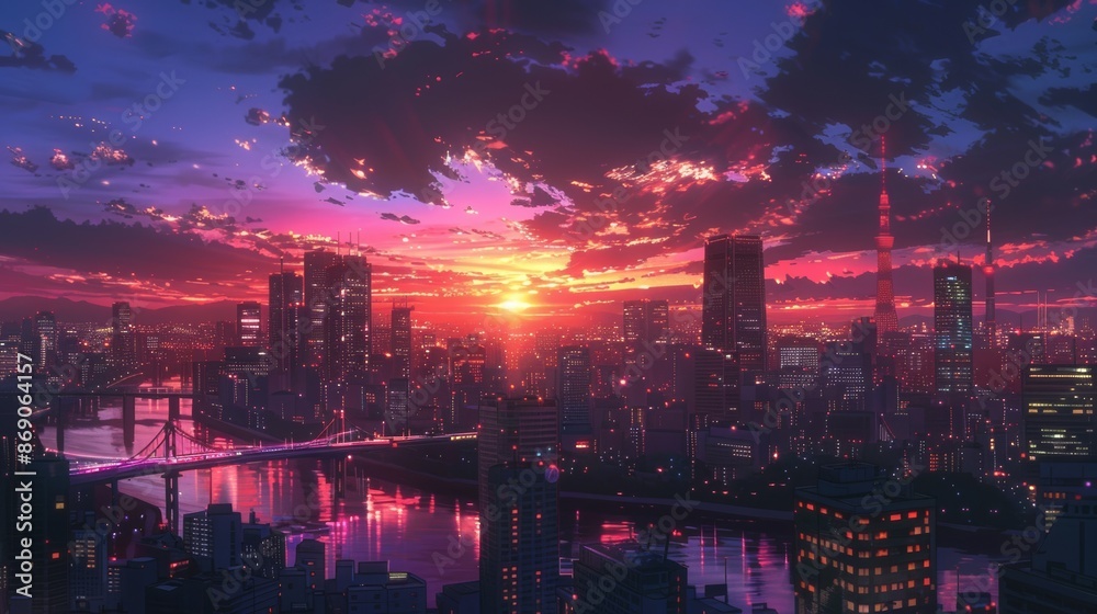 Fototapeta premium Anime Background with Futuristic Metropolitan City