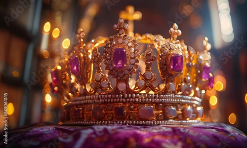 purple and gold crown on top of an altar, with a blurry background
