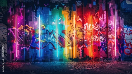 Graffiti art wall neon rainbow colorful light glowing vibrant element background wallpaper AI generated image