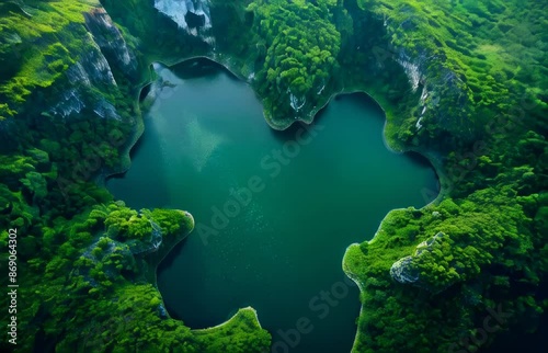 A large body of water surrounded by trees and mountains. The water is green and calm. Concept of tranquility and serenity