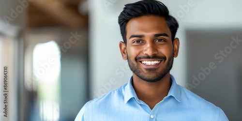 portrait of handsome indian man smiling at camera, clean white room, blurred background, close up shot