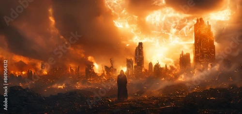 A lone figure stands amidst the rubble of an ancient city, gazing at distant explosions and mushroom clouds rising from far away, symbolizing hope in the face of destruction.