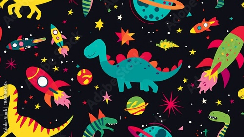 Fototapeta Naklejka Na Ścianę i Meble -  Vibrant illustration featuring dinosaurs in space with rockets, planets and stars on a black background Perfect for children's decor