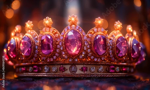 purple and gold crown on top of an altar, with a blurry background