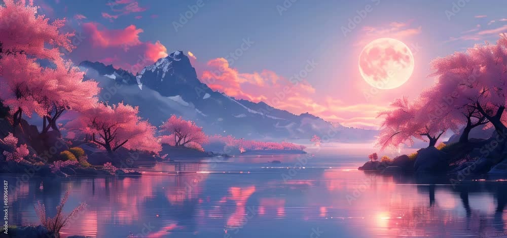 A full moon shines brightly in the night sky, glow upon an enchanting landscape adorned with blooming cherry blossom trees and shimmering water. A full moon shines brightly in the night sky, glow upon an enchanting landscape adorned with blooming cherry blossom trees and shimmering water.