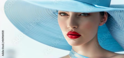 A woman wearing blue hat and red lipstick, white background. National Hat Day