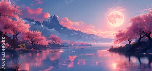 A full moon shines brightly in the night sky, glow upon an enchanting landscape adorned with blooming cherry blossom trees and shimmering water.