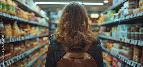 woman in grocery store, back view, photo taken from behind her, grocery shelves