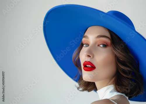 A woman wearing blue hat and red lipstick, white background. National Hat Day