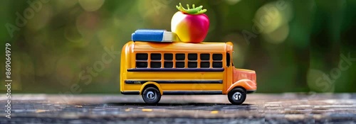 A toy School bus with books and an apple on top,  back to school concept.