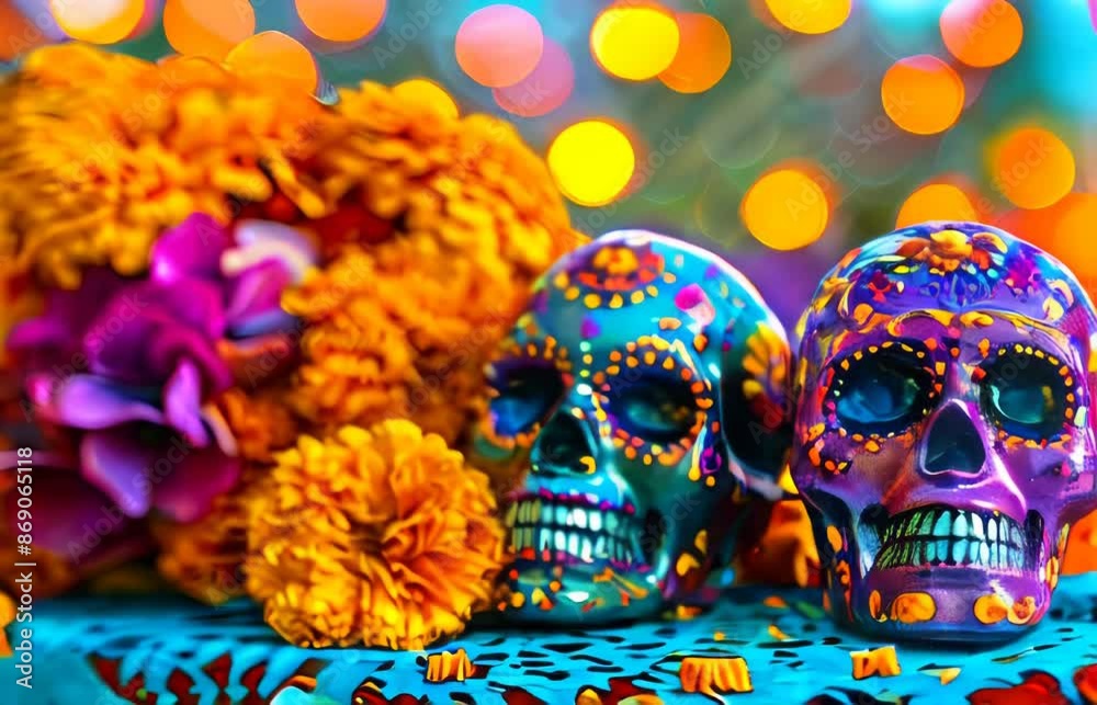 Skulls with colorful designs are placed on a table next to orange flowers Skulls with colorful designs are placed on a table next to orange flowers