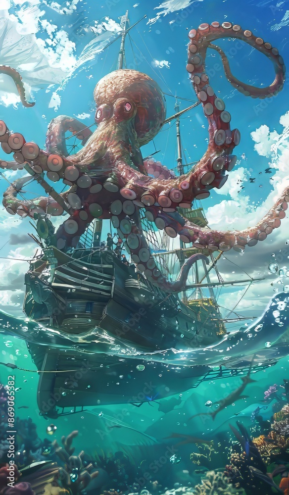 Obraz premium Giant Octopus Kraken Sinking Pirate Ship