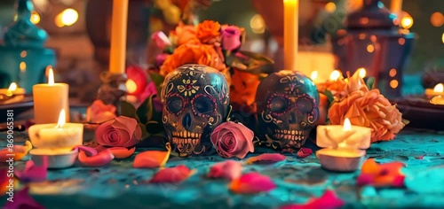Day of the Dead, candles and skulls with roses on a table.