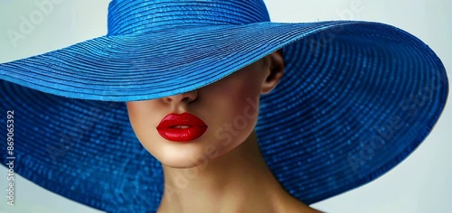 A woman wearing blue hat and red lipstick, white background. National Hat Day