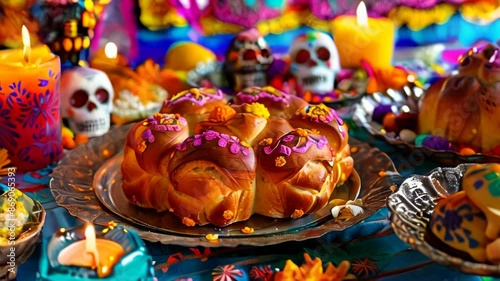 A table with a variety of Mexican food, including breads and pastries, and candles. Scene is festive and celebratory, likely for a holiday or special occasion