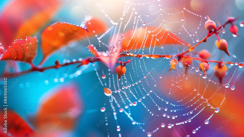Beautiful spider web on a colorful autumn branch with water droplets, capturing the beauty of nature and the intricate design of the web. Beautiful spider web on a colorful autumn branch with water droplets, capturing the beauty of nature and the intricate design of the web.