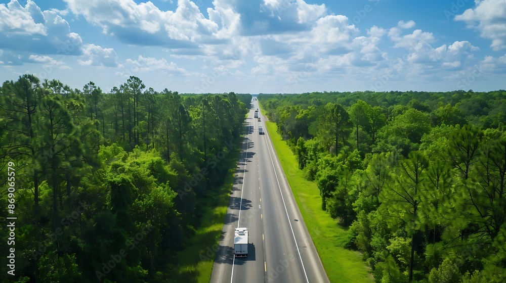 Obraz premium Lush green trees to horizontal line along Highway Interstate 10 in Greenwood Louisiana America with car and truck on the road near rest area welcome center under summer sunny blue sky : Generative AI