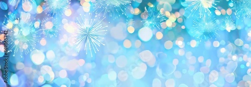 Light blue background with colorful fireworks, blurred bokeh effect, New Year celebration.