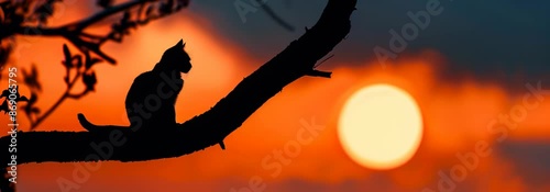 Silhouette of a cat sitting on a tree branch, an orange moon in the background. Halloween concept
