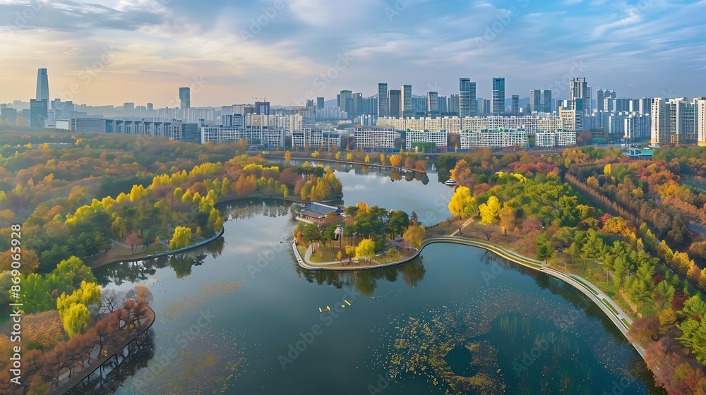 Fototapeta premium Aerial view of yeouido Hangang park in autumn season with skyscrapers and modern buildings cityscape Seoul city Republic of Korea : Generative AI