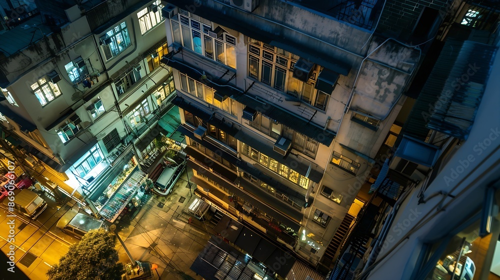 Top view of Public house building in Hong Kong at night : Generative AI Top view of Public house building in Hong Kong at night : Generative AI