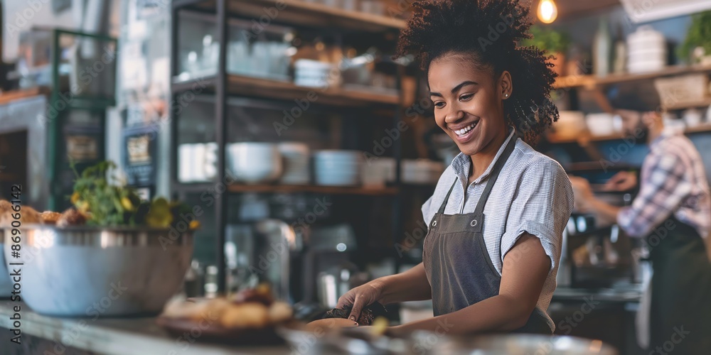 A smiling chef stands in a cozy, modern kitchen, preparing food with various utensils around. The ambiance is inviting with warm lighting, ready for a delightful culinary experience. A smiling chef stands in a cozy, modern kitchen, preparing food with various utensils around. The ambiance is inviting with warm lighting, ready for a delightful culinary experience.