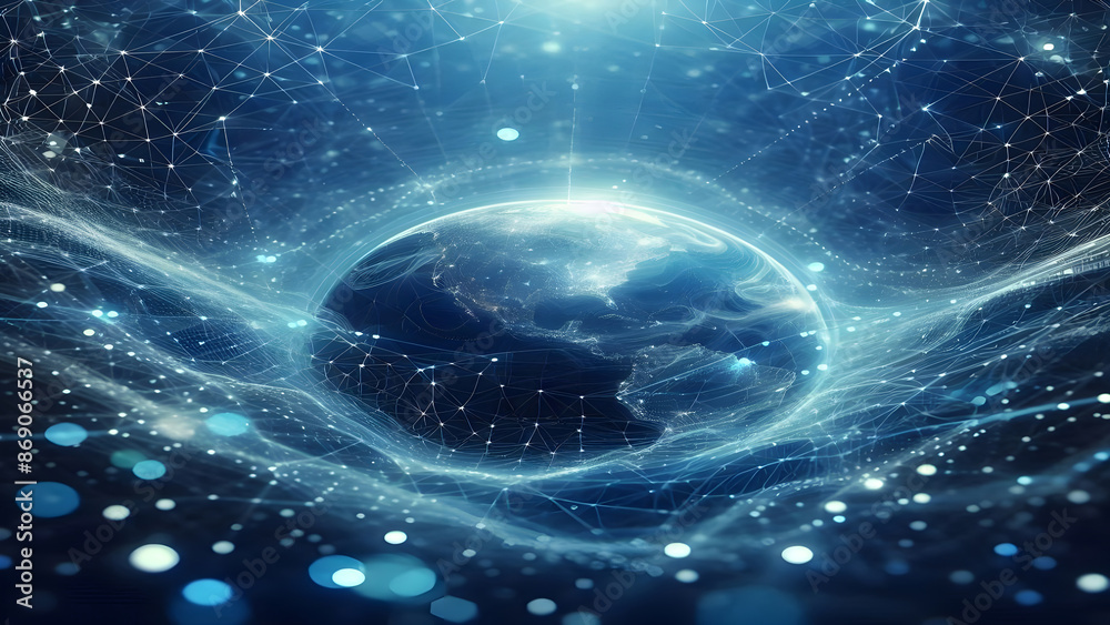 Obraz premium Blue abstract background with network grid and particles