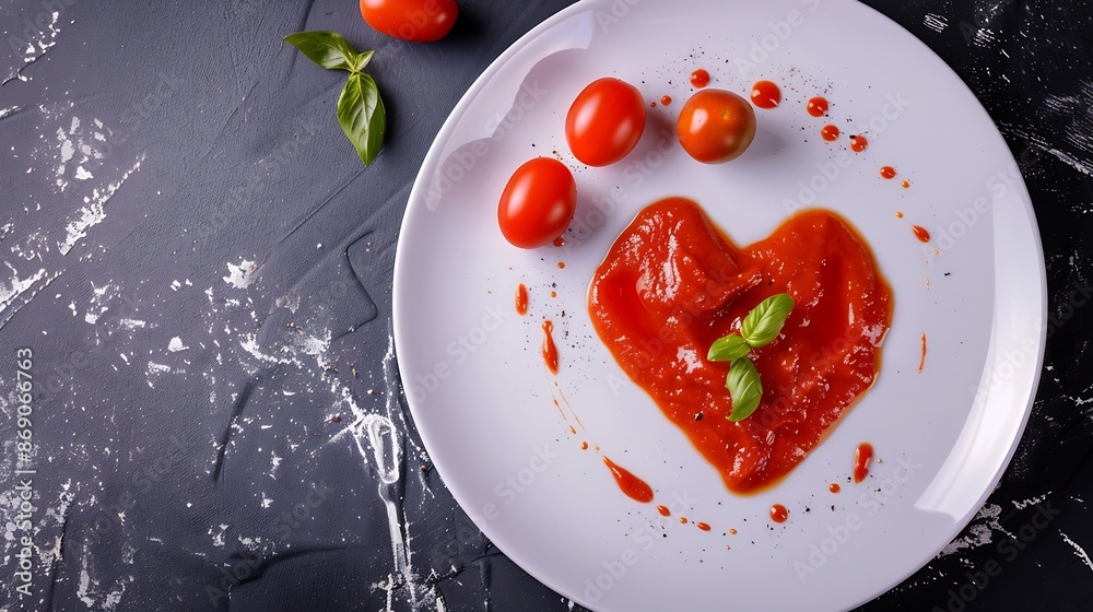 A Heart Shaped Tomato Sauce on A White Plate : Generative AI A Heart Shaped Tomato Sauce on A White Plate : Generative AI