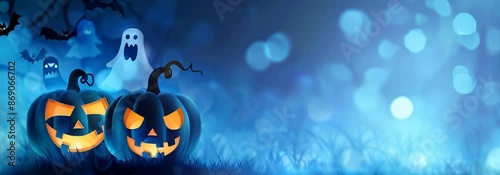 A Halloween scene with a spooky dark background and pumpkins with their faces lit up. Scene is eerie and mysterious.