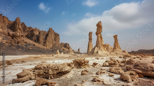 Limestone prehistoric chimneys geological rock formations salt lake Abbe Dikhil region Djibouti : Generative AI