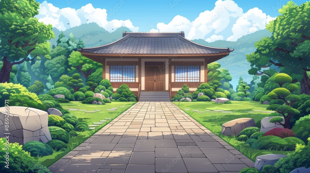 Anime Background with Traditional Japanese House and Green Garden Anime Background with Traditional Japanese House and Green Garden