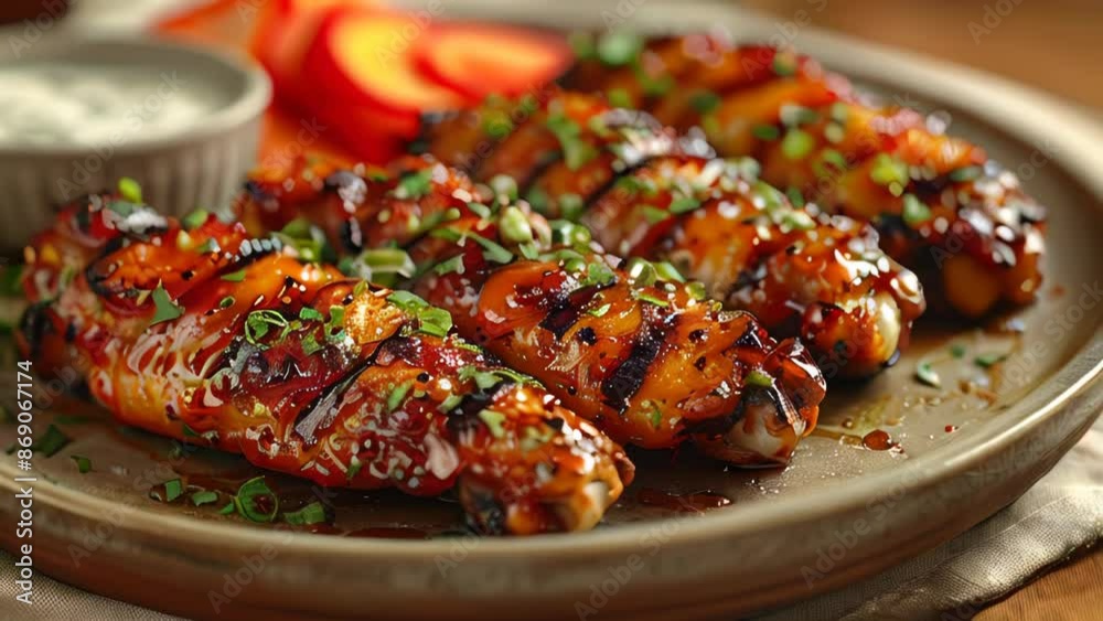 A plate of four chicken wings with a dipping sauce. A plate of four chicken wings with a dipping sauce.