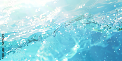 Transparent blue clear water surface texture with ripples, splashes and bubbles. Abstract summer banner background Water waves in sunlight, Cosmetic moisturizer micellar toner emulsion photo
