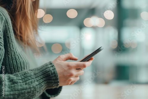 Modern Connectivity - Minimalist Image of Person Using Smartphone with Signal Bars and Icons, Softly Blurred Background for Telecommunication Concept photo