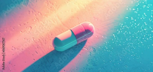 A pink and white pill on the ground against a pastel blue background