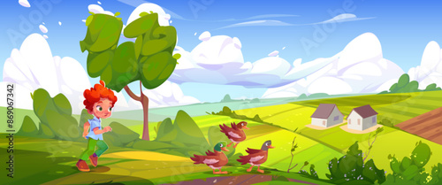 Boy and duck on hill bear countryside farm field landscape background. Rural farmland in summer with house and blue sky with cloud. Outdoor agriculture and pasture illustration for village environment