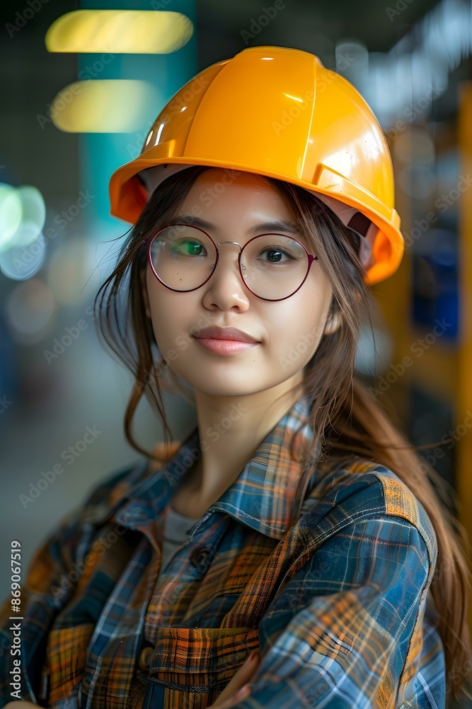 portrait of a young asian woman wearing a hard hat and safety glasses portrait of a young asian woman wearing a hard hat and safety glasses