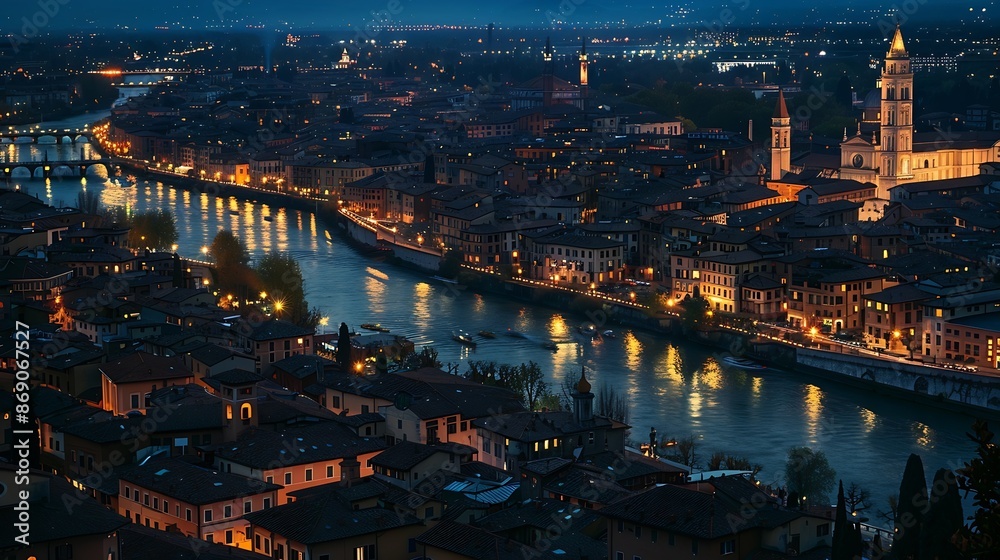 Fototapeta premium Verona Italy high angle view night city skyline at Adige river and Verona Cathedral : Generative AI