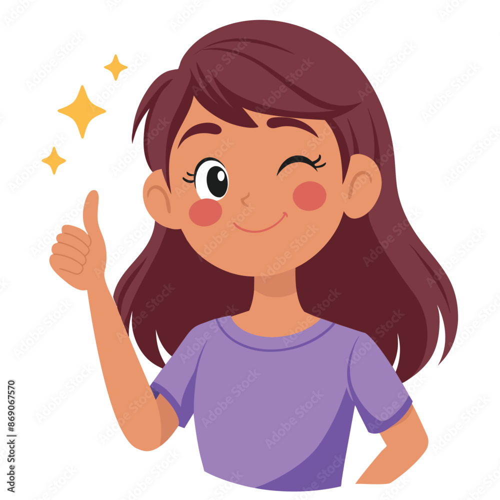 Thumbs up. A young girl holds her thumb up. Vector illustration of the concept of laudatory, encouraging actions. Thumbs up. A young girl holds her thumb up. Vector illustration of the concept of laudatory, encouraging actions.