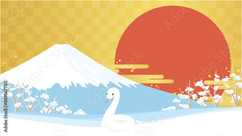 お正月のバナー素材　金色背景にヘビと富士山と初日の出のイラスト　2025年　巳年　令和七年