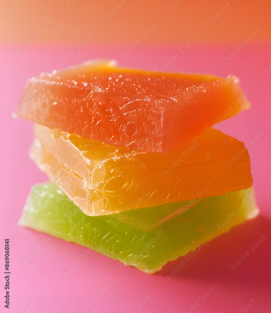 Three pieces of colorful gelatin dessert stacked on top of each other Three pieces of colorful gelatin dessert stacked on top of each other