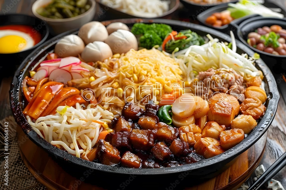 A delicious Korean dish with pork, rice, and vegetables A delicious Korean dish with pork, rice, and vegetables