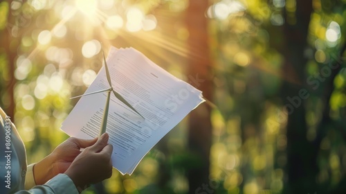 Hand holding a legal document with renewable energy guidelines, sustainable law, environmental compliance